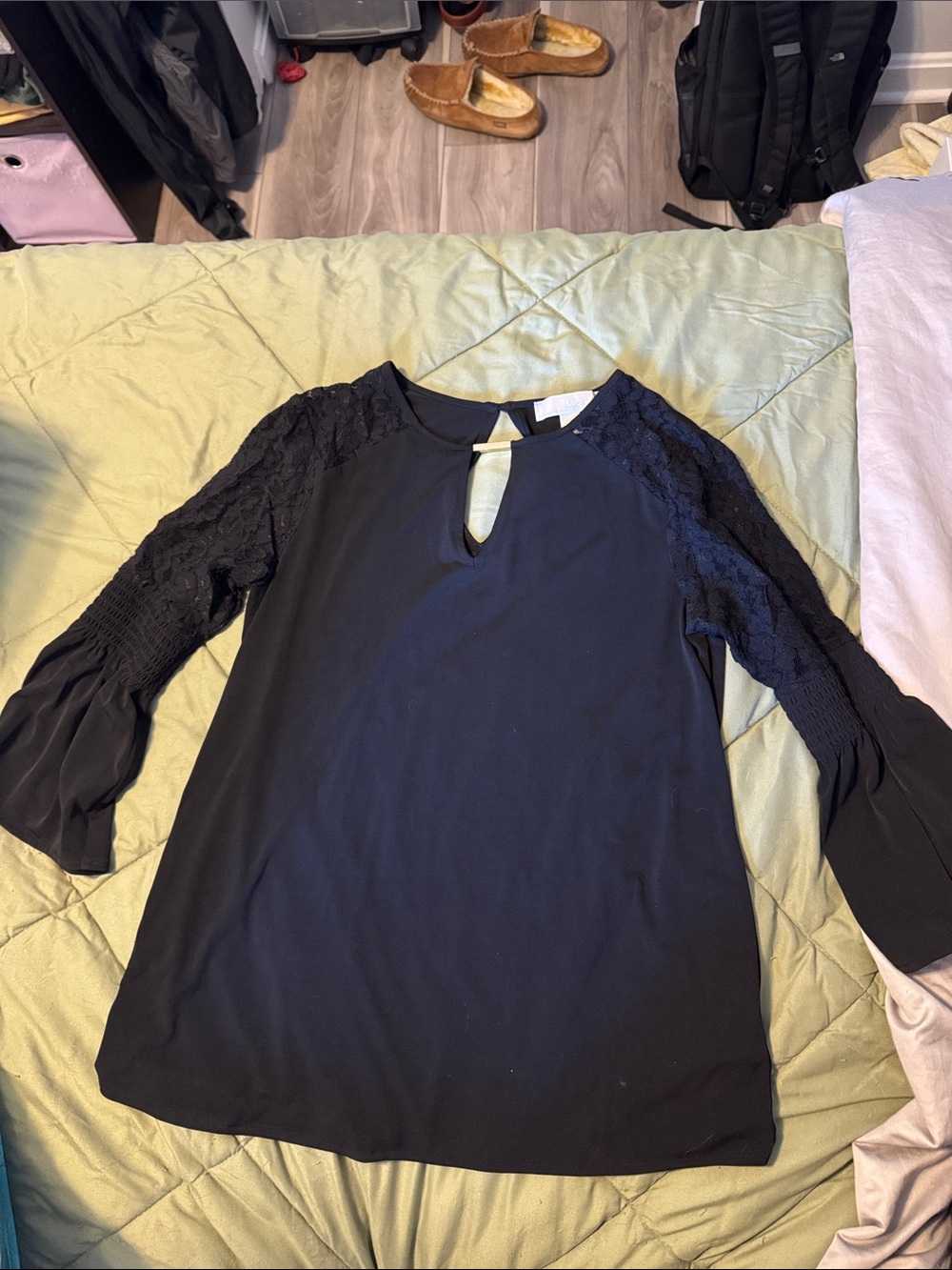 Michael Kors Women's Black Lace-Sleeve Keyhole Top